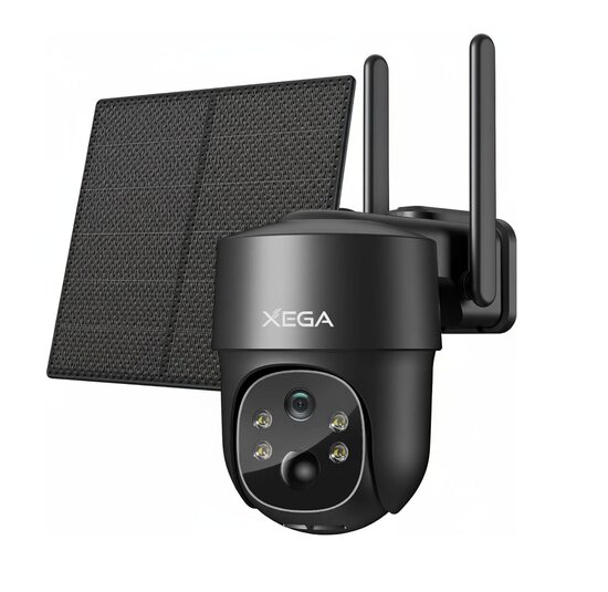 Kameros su Saulės Baterijomis XEGA, 2K, 360°, IP66, SIM card, 9000 mAh, Juoda
